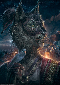 ambiguous_gender anthro claws clothed clothing detailed_background duo ear_piercing ear_tuft eyewear feral fire fur glasses lamp lantern night open_mouth outside photorealism piercing pince-nez realistic ring sky solo_focus star starry_sky text tuft whiskers bubblewolf avian bird felid feline lynx mammal url