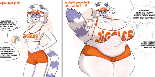 after_transformation anthro areola areola_outline belly belly_grab belly_squish big_belly big_breasts big_butt blush bodily_fluids bottomwear breast_expansion breast_squish breasts butt chest_tuft clothing crop_top expansion fangs female fur glistening glistening_body hand_on_belly hand_on_hip hotpants huge_belly huge_breasts huge_thighs hypnosis implied_breast_expansion implied_hypnosis mind_control navel nipple_outline overweight profanity purple_body purple_fur shirt shocked shorts solo squish stretched_clothing surprised sweat sweatdrop tail tank_top teeth text thick_arms thick_thighs time_skip topwear transformation transformation_sequence tuft unaware_hypnosis visor weight_gain white_body white_fur wide_hips work_uniform unknown_artist lemur mammal primate strepsirrhine absurd_res english_text hi_res