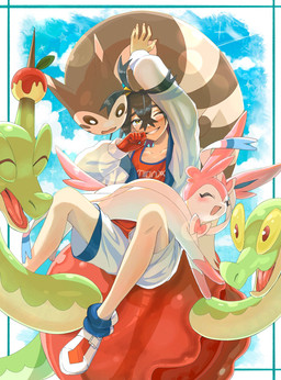 ambiguous_gender apple black_hair blush blush_lines bow_(anatomy) brown_body brown_eyes clothing cloud eyes_closed feral food fruit fur gloves gloves_(marking) green_body group hair handwear happy horn looking_at_viewer male markings one_eye_closed open_mouth paws pink_body pink_fur plant red_eyes ribbons_(anatomy) sky star star_symbol striped_body stripes tail teeth tongue toothy_smile whisker_markings white_body yellow_eyes yellow_sclera momu_shi_36 nintendo pokemon kieran_(pokemon) eeveelution furret generation_2_pokemon generation_6_pokemon generation_9_pokemon human hydrapple mammal pokemon_(species) sylveon 2024 hi_res