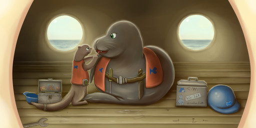 armor boat box brush brushing brushing_teeth clothing container duo female feral floor hard_hat headgear helmet lying on_front orange_clothing orange_topwear orange_vest screwdriver ship tape_measure tool_belt toolbox tools toothbrush topwear vehicle vest watercraft window wood wood_floor wrench mewscaper mammal marine mustelid otter pinniped sea_otter seal 2016 2:1 hi_res