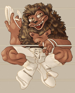 anthro bare_chest big_eyes bottomwear brown_body brown_fur brown_nipples cereal_mascot clothing footwear fur furry_body male mascot muscular_legs nipples removing_shoes shoelaces shoes shorts simple_background sitting smile sneakers socks solo tan_body tan_skin teeth tongue tongue_out ravuer honeycomb_cereal crazy_craving craver unknown_species 4:5 absurd_res hi_res