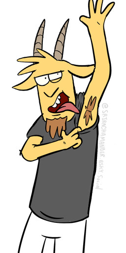 anthro armpit_fetish armpit_hair body_hair male rolled_up_sleeves solo standing tongue tongue_out srirachamander cartoon_network regular_show thomas_(regular_show) bovid caprine goat mammal hi_res
