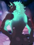 anthro black_body bodily_fluids butt glowing glowing_eyes green_body hair hand_on_hip looking_at_viewer male musk musk_clouds nude_anthro rear_view solo sweat sweatdrop sweaty_butt tail mitsufoppie epic_games fortnite cerberus_(fortnite) 3:4 absurd_res hi_res