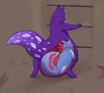 anthro blue_body blue_skin bodily_fluids eyes_closed fin genital_fluids male male/male masturbation precum purple_body purple_skin simple_background spots vore white_spots klyopa rain_world videocult rivulet_(rain_world) spearmaster_(rain_world) slugcat hi_res