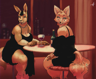 alcohol anthro beverage big_breasts black_clothing black_dress breasts brown_body brown_fur city cleavage clothed clothing curvy_figure dress duo exposed_shoulder female formal_wear fur furniture head_tuft jewelry looking_aside mature_female overweight overweight_anthro overweight_female sitting stool table tail thick_thighs tuft voluptuous wide_hips window wine churroz samantha_(churroz) sophie_(churroz) canid canine fox kangaroo macropod mammal marsupial 2026 digital_drawing_(artwork) digital_media_(artwork) shaded signature