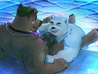 anthro back_muscles brown_body brown_fur bulge duo eyebrows eyewear face_on_bulge fur green_hair hair imminent_sex jewelry male male/male muscular necklace overweight pubes pupils slit_pupils sunglasses swimming swimming_pool thick_eyebrows water white_body white_fur yuebanjiuri xxl_woofia paul_the_polar_bear saeng bear canid canine canis domestic_dog mammal polar_bear ursine 4:3 hi_res
