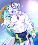 4_fingers anthro biped clothing fingers floatie fur hat headgear headwear inflatable male multicolored_body multicolored_fur one_eye_closed solo straw_hat swimming_trunks swimwear white_body white_fur yom_mido_plus lifewonders live_a_hero sadayoshi canid canine canis mammal wolf 2025 colored hi_res