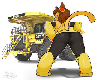 anthro breasts butt construction_equipment construction_vehicle eyewear eyewear_on_head female goggles goggles_on_head looking_back presenting presenting_hindquarters raised_tail rear_view side_boob simple_background solo tail truck vehicle white_background spincraze caterpillar_incorporated gameoverse glitch_productions kit_bodega domestic_cat felid feline felis mammal 2026 crossover