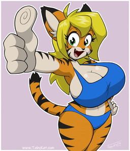 4_fingers anthro big_breasts black_body black_fur black_stripes blonde_hair blue_clothing blue_panties blue_topwear blue_underwear breasts cleavage clothed clothing female fingers fur gesture green_eyes hair hand_gesture hand_on_hip huge_breasts long_hair looking_at_viewer open_mouth orange_body orange_fur panties pink_background simple_background smile snaggle_tooth solo standing striped_body stripes tan_body tan_fur thumbs_up topwear underwear tabykat tabytha_starling felid mammal pantherine tiger hi_res