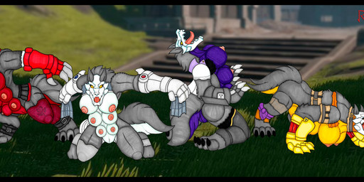4_fingers 4_toes 6_breasts after_transformation all_fours anthro armor barefoot belt big_breasts big_butt black_body black_border black_bottomwear black_claws black_clothing black_fur black_skirt bone border bottomwear bracers breasts busty_feral butt cape claws clothing detailed_background digitigrade dress ears_up erect_nipples fangs feet female feral fingerless_gloves fingers fluffy fluffy_tail front_view fur gauntlets genitals gloves grass grey_body grey_claws grey_clothing grey_fur grey_leggings grey_legwear group handwear implied_transformation kneeling leggings legwear logo looking_aside looking_at_viewer looking_up medal mostly_nude multi_breast nipples no_pupils open_mouth outside plant purple_body purple_fur rear_view red_body red_clothing red_fur red_gloves red_handwear red_leggings red_legwear ruins semi-anthro sharp_teeth side_view skirt skull skull_head standing tail teeth toe_claws toes tongue tongue_out torn_clothing torn_dress torn_leggings torn_legwear tree vulva white_body white_clothing white_fur white_gloves white_handwear yellow_body yellow_clothing yellow_eyes yellow_fur yellow_gloves yellow_handwear ivanks mythology rooster_teeth rwby blake_belladonna ruby_rose weiss_schnee yang_xiao_long beowolf_(rwby) canid canine canis grimm_(rwby) mammal mythological_canine mythological_creature werecanid werecanine werecreature werewolf wolf absurd_res hi_res