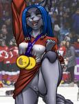 anthro barefoot beads bottomless canada canadian_flag clothed clothing crowd feet female genitals gold_medal group heel heterochromia hockey ice jersey jewelry maple_leaf medal open_mouth photo_background pussy real skimpy smile snow solo_focus spectators sport team_canada furball olympics sochi_2014 furball_(character) domestic_cat felid feline felis human lagomorph leporid mammal rabbit 2014 mixed_media photography_(artwork)