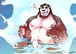 anthro balls barazoku beard casual_erection ear_piercing emoji erection facial_hair foreskin genitals group humanoid_genitalia humanoid_penis lewd_symbolism male musclegut muscular nipples open_mouth open_smile partially_retracted_foreskin partially_submerged pecs penis piercing raised_arms sitting sitting_in_water sky smile solo_focus water super-tuler ro_the_panda bear giant_panda mammal 2023 absurd_res digital_media_(artwork) hi_res pictographics