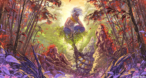 1_eye 5_fingers 5_toes clothed clothing detailed_background feet fingers footwear forest glowing glowing_markings hair horn jewelry male markings midriff mountain nature necklace outside plant rock sandals shoes solo toes topless tree white_hair yellow_eyes zummeng cyclops humanoid absurd_res hi_res