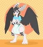 anthro blush claws clean_diaper clothed clothing crossed_arms diaper digitigrade ear_piercing ear_ring embarrassed feathered_wings feathers feet female fur long_ears piercing pouting ring_piercing solo standing striped_body striped_fur stripes wearing_diaper wings bubblepuppers slightly_damned sakido_elexion demon absurd_res hi_res