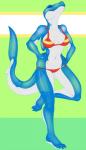 anthro big_breasts bikini blue_body blue_skin bra breasts candy claws clothed clothing dessert eyes_closed female fin food gills glistening green_background gummy_(food) gummy_shark hand_on_hip looking_at_viewer navel non-mammal_breasts raised_leg sharp_teeth simple_background skimpy smile solo swimwear tail teeth toe_claws translucent translucent_body two-piece_swimsuit underwear white_background white_body white_skin fivel fish food_creature living_candy marine shark 2016 digital_media_(artwork) hi_res