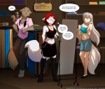 2018 after_transformation alternate_species alternative_fashion anthro arm_support bare_shoulders barefoot blush bottomwear breasts brown_body brown_fur canid canine canis carrying_another chest_tuft cleavage clothed clothing collar collar_of_keidranification collar_tag colored conditional_dnp crossgender database_error_(twokinds) dialogue digitigrade ear_piercing ear_ring english_text feet female feral fur furrification gender_transformation goth grey_hair group hair heart_symbol hi_res human inside jealous keidran legwear male mammal midriff mrs._nibbly mtf_crossgender navel on_shoulder piercing raine_silverlock red_hair ring_piercing rodent sciurid sign skimpy skirt smile smirk stockings store sythe_(twokinds) text tom_fischbach transformation tree_squirrel tuft twokinds url white_body white_fur wolf yellow_eyes