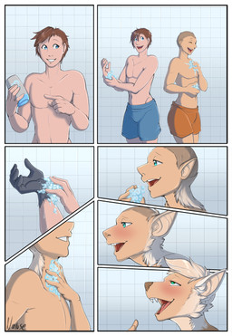 anthro bald bathing brown_hair clothing duo fangs fur fur_growth gender_transformation growth hair humanoid_pointy_ears male mostly_nude pointy_ears shower showering snout snout_growth soap soap_bubbles species_transformation swimwear teeth transformation transformation_sequence narusewolf pickit canid canine fish human humanoid hybrid mammal marine shark dexter_(disambiguation) comic hi_res multiple_scenes