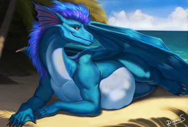 belly blue_body blue_hair cloud female hair nude palm_tree plant red_eyes sea simple_background sky smile solo tree water wings dimonis mythology dragon mythological_creature mythological_scalie scalie colored digital_drawing_(artwork) digital_media_(artwork) hi_res shaded signature watermark