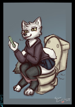 anthro blush bottomwear butt clothed clothing efro electronics female female_pooping implied_scat kink_shaming on_toilet panties panties_down partially_clothed phone pooping skirt solo sound_effects toilet toilet_use tongue tongue_out underwear underwear_down scottglass canid canine fox mammal hi_res