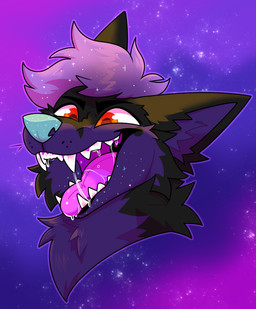 anthro black_body black_fur blue_nose bodily_fluids chest_tuft close-up cosmic_hair drooling ethereal_hair eyebrows fangs femboy fur male mouth_shot multicolored_body open_mouth purple_body purple_fur purple_mouth red_eyes saliva sassy simple_background smug solo sparkles teeth tongue tuft two_tone_body vore_tease jaspering akinari_(character) canid canine canis fox mammal 2026 headshot_portrait portrait shaded