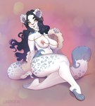 anthro breasts ear_piercing ear_ring female fur hair linked_nipples long_hair multicolored_body multicolored_fur nipple_piercing nipples nude piercing ring_piercing solo two_tone_body two_tone_fur landysh felid mammal pantherine snow_leopard hi_res