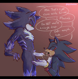 anthro balls biped bodily_fluids cum cum_in_mouth cum_inside cum_on_face cum_string dialogue duo foreskin genital_fluids genitals humanoid_genitalia humanoid_penis male male/male penis saliva saliva_string speech_bubble text uglyskeleton sega sonic_the_hedgehog_(series) mephiles_the_dark shadow_the_hedgehog eulipotyphlan hedgehog mammal english_text hi_res