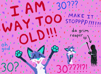 ^_^ anthro birthday blue_body blue_fur blue_inner_ear blue_pawpads confetti duo eyes_closed fur happy holding_melee_weapon holding_object holding_polearm holding_scythe holding_weapon male melee_weapon open_mouth open_smile pawpads pink_background polearm scythe simple_background smile stated_adult stated_age text toony weapon demensa death_(personification) emil_(demensa) grim_reaper canid canine canis coyote domestic_dog mammal 2025 english_text hi_res