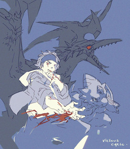 accessory angry anthro blood bodily_fluids duo evolutionary_family feral headband male sharp_teeth teeth text wings garrrzzz bandai_namco digimon digimon_beatbreak azhdarmon digimon_(species) human mammal monodramon scalie english_text