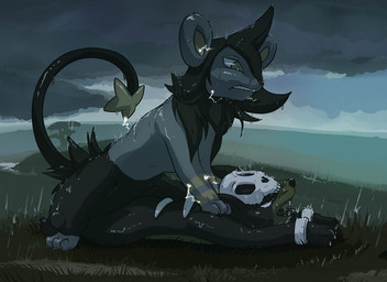 ambiguous_gender attack black_body black_fur bone cloud duo feral feral_on_feral forced from_behind_position fur grass interspecies lying male male/ambiguous markings on_front open_mouth outside plant prone_bone_position raining sex skull sky speed_bump_position standing tail teeth thunder tongue wood yellow_markings 9_6 nintendo pokemon canid canine felid generation_2_pokemon generation_4_pokemon houndour luxio mammal pokemon_(species)