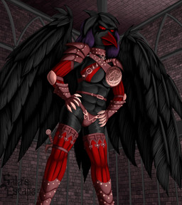 abs anthro armor breasts cleavage clothed clothing collar feathered_wings feathers female hand_on_hip hands_on_hips looking_down low-angle_view panties pauldron red_eyes skimpy solo studded_collar studs three-quarter_view unconvincing_armor underwear wings quakehoof avian bird corvid corvus_(genus) crow oscine passerine vampire digital_media_(artwork) hi_res