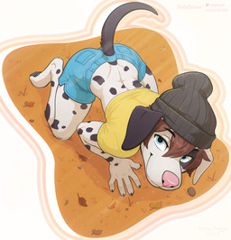 all_fours anthro autumn beanie blue_eyes bottomwear brown_hair clothing crop_top denim denim_bottomwear denim_clothing denim_shorts fallen_leaves feet femboy feminine grass hair hat headgear headwear hindpaw looking_at_viewer male paws plant shirt shorts solo text topwear dallydraws patreon subscribestar dally_doggo canid canine canis dalmatian domestic_dog mammal absurd_res artist_name english_text hi_res