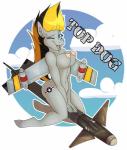 aircraft anthro breasts female hair looking_at_viewer machine missile nipples nude one_eye_closed open_mouth ranged_weapon simple_background smile solo text vehicle weapon wings wink grumpy_griffin_creations hasbro my_little_pony aircraft_humanoid airplane_pony equid equine horse living_aircraft living_machine living_vehicle mammal pony 2020 digital_media_(artwork) english_text hi_res