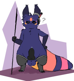 balls bodily_fluids clothing confusion ear_piercing ear_ring fur genital_fluids genitals holding_object holding_weapon knot knotted_penis leaking_precum legwear male markings melee_weapon orange_markings penis piercing pink_markings polearm precum purple_body ring_piercing semi-anthro solo spear streetwear technology techwear weapon yellow_markings coppermonoxide rain_world videocult sunny_(slugcat) slugcat
