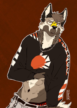 abs anthro barely_visible_underwear belt chain clothed clothing ear_piercing ear_ring fur grey_body grey_fur hair jewelry male markings muscular muscular_anthro muscular_male neck_chain necklace outline piercing red_background ring_piercing showing_chest showing_off_muscles simple_background solo streetwear underwear white_markings yellow_markings rexkoire canid canine mammal half-length_portrait portrait