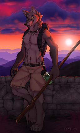 abs against_surface against_wall anthro backpack big_muscles biped bottomwear claws clothed clothing cloud digitigrade fur inner_ear_fluff jewelry looking_at_viewer male mountain muscular muscular_anthro muscular_male navel necklace outside paws pecs shorts sky smile solo standing sunset tail topless tuft yellow_eyes tsaiwolf canid canine canis mammal wolf 2009 3:5