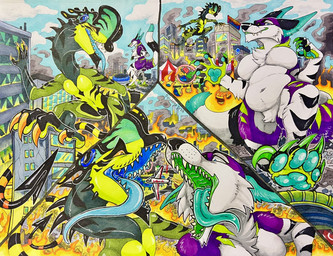 anthro belly city city_destruction cityscape destruction duo female fire long_tail macro male male/female mouth_shot open_mouth pawpads paws slightly_chubby smoke spade_tail tail dyloteryx dylo lunar_(kotiyo) canid canine dilophosaurid dilophosaurus dinosaur dromaeosaurid fox hybrid mammal prehistoric_species reptile saurischian scalie theropod absurd_res colored hi_res marker_(artwork) traditional_media_(artwork) trans_(lore) trans_man_(lore)