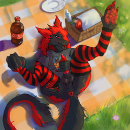 anthro anus blurred_background clothing fur genitals grey_body grey_fur legwear lying male male_anthro masturbation on_back pawpads paws penile penile_masturbation penis presenting presenting_anus red_anus red_body red_clothing red_eyes red_fur red_legwear red_penis red_tongue shirt solo t-shirt tail thigh_highs tongue topwear maslina bukmar sergal 1:1 hi_res shaded