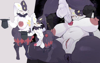anthro anus balls big_breasts big_butt black_body black_fur black_nose blush blush_lines bodily_fluids breasts butt cheek_tuft clothing dripping duo erection eyelashes facial_tuft female fur genital_fluids genitals glans hat headgear headwear imminent_sex jester larger_female male male/female markings multicolored_body multicolored_fur navel neck_tuft nipples penis precum precum_drip red_markings short_tail size_difference slightly_chubby slightly_chubby_female smaller_male spread_legs spreading tail top_hat tuft vaginal_fluids vein veiny_penis vulva white_body white_fur yellow_eyes yellow_markings jacktingoff palworld pocketpair dupin_(pal) lagomorph leporid mammal pal_(species) rabbit absurd_res hi_res