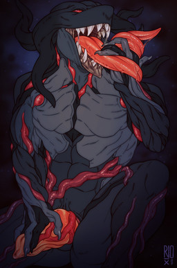 black_body bodily_fluids erection genitals grey_body logo long_tongue looking_at_viewer male narrowed_eyes no_sclera orange_penis penis red_eyes red_tongue saliva saliva_string sharp_teeth simple_background solo teeth tongue tongue_out vein veiny_penis riorix monster unknown_species 2021 artist_logo dated hi_res