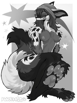 anthro beanie blep breasts clothing covering covering_crotch feet female foot_focus hair hat headgear headwear nipples pawpads smile smirk solo tongue tongue_out duncedogs canid canine fox mammal hi_res monochrome