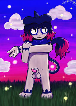 3_toes 4_fingers animal_genitalia bangs black_hair clothing cloud exhibitionism feet fingers fur fur_markings genitals grass grass_field hair half-erect hat hat_only headgear headgear_only headwear headwear_only looking_aside male markings mostly_nude penis pink_hair pink_penis plant purple_markings sheath smile smirk solo stretching stretching_arms sunset tail tan_body tan_fur toes pkfreak nintendo pokemon neutra_(psykwol) arthropod beetle elateroid firefly generation_2_pokemon generation_9_pokemon grafaiai hybrid hybrid_pokemon insect pokemon_(species) smeargle hi_res
