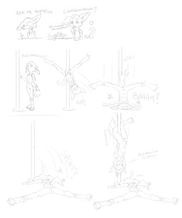 anthro anus balls bottomless butt chibi clothed clothing consentacles dancing duo falling female genitals male nude pain paws penis pole pole_dancing spread_legs spreading tentacles text vulva young young_anthro makumo canid canine fennec_fox fox mammal true_fox comic hi_res monochrome