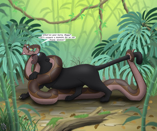 coiling detailed_background dialogue duo eye_contact feral forest forked_tongue glowing glowing_eyes hypnosis hypnotic_eyes jungle looking_at_another male melanistic mind_control open_mouth outside plant ringed_eyes scales speech_bubble tail tail_pull text tongue tongue_out tree whiskers sleepylilfox the_jungle_book bagheera_(jungle_book) kaa_(jungle_book) felid leopard mammal pantherine reptile scalie snake 2025 english_text hi_res