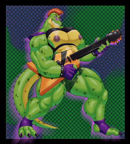 5_fingers abstract_background anthro areola barazoku bass_guitar big_muscles big_pecs biped black_border border bottomwear bracelet claws clothed clothing eyebrows eyewear feet fingerless_gloves fingers footwear gloves green_body green_bottomwear green_clothing green_shorts grin guitar hair handwear harness holding_guitar holding_musical_instrument holding_object huge_muscles jewelry looking_at_viewer male mohawk muscular muscular_anthro muscular_male musical_instrument nipples pecs playing_guitar playing_music plucked_string_instrument quads red_eyes red_hair shorts shoulder_pads simple_background smile solo spiked_bracelet spikes standing string_instrument sunglasses teeth thick_thighs toe_claws toeless_footwear hunnipanda five_nights_at_freddy's five_nights_at_freddy's:_security_breach scottgames steel_wool_studios montgomery_gator alligator alligatorid crocodilian reptile scalie hi_res