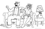 2021 anthro breasts clothed clothing domestic_ferret duo eyes_closed facial_markings female food furniture head_markings ivor_haroldson laugh leofhild_mistreed male mammal markings mask_(marking) monochrome mustelid musteline open_mouth plate sofa tegerio true_musteline weasel