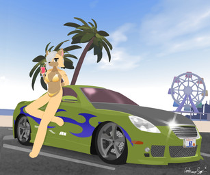 alcohol anthro beach beverage bikini california car clothing cocktail cocktail_glass container cup day drinking_glass female flirting_look glass glass_container glass_cup gold_bikini green_car looking_at_viewer los_angeles palm_tree parking plant relaxing smile smiling_at_viewer solo swimwear tree two-piece_swimsuit vehicle cookiespug golden_week lexus_(car) charlotte_(foxnet463) hi_res