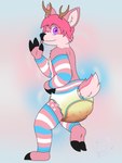 ambiguous_gender anthro antlers arm_warmers armwear bodily_fluids brown_antlers clothed clothing diaper diaper_fetish eyelashes eyes_closed feces fur genital_fluids hair hoof_hands hooves horn leg_warmers legwear lgbt_pride looking_at_viewer male one_eye_closed pink_body pink_eyes pink_fur pink_hair pink_spots pride_colors simple_background soiled_diaper solo spots tongue transgender_pride_colors unclean_diaper urine used_diaper wearing_diaper wet_diaper wink winking_at_viewer fennecat deer mammal 1:1 absurd_res hi_res watermark
