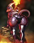2024 4:5 absurd_res all_fours anthro black_body black_clothing black_latex black_legwear black_thigh_highs butt clothed clothing diacordst female generation_2_pokemon hi_res horn houndoom latex latex_clothing latex_legwear latex_thigh_highs leg_warmers legwear looking_at_viewer looking_back looking_back_at_viewer nintendo pawpads paws pokemon pokemon_(species) red_eyes solo thigh_highs