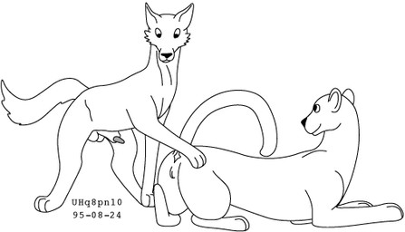 animal_genitalia animal_penis animal_vulva anus balls canine_genitalia canine_penis claws erection feline_genitalia feline_vulva female feral feral_on_feral fur genitals half-erect hand_on_another's_butt hand_on_butt imminent_mounting imminent_sex interspecies lipsticking looking_at_another looking_back looking_back_at_another male male/female penis sheath simple_background smile standing tail vulva white_background urbanhermit canid canine felid feline mammal 1995 black_and_white dated monochrome