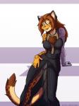 anthro blue_eyes brown_hair clothed clothing cybernetics dress female hair machine smile solo holtz ione_lill cheetah cyborg felid feline mammal 3:4